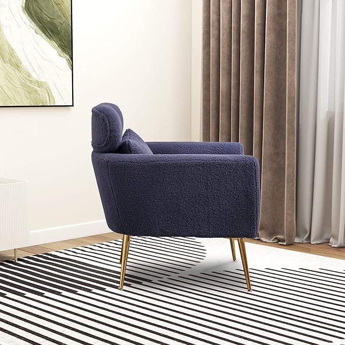 29.5 W Modern Boucle Accent Chair Armchair Upholstered Reading Chair Single Sofa Leisure Club Chair with Gold Metal Leg and Throw Pillow for Living Room Bedroom Dorm Room Office Navy Boucle