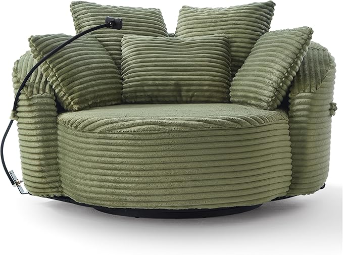 360° Swivel Accent Chair with 5 Throw Pillows Adjustable Phone Holder Corduroy Fabric Round Sofa Chair Barrel Chair with Semi-Wraparound Design for Living Room Office and Hotel (Green1)