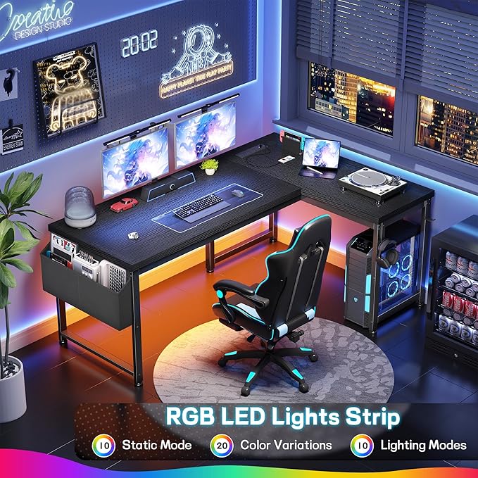 L Shaped Desk Gaming Desk with Power Outlets &amp 0.95 Inch Thicker Desktop Computer Desk with Storage Bag Corner Desk with LED Lights Reversible Office Desk for Home LivingBedroom Black