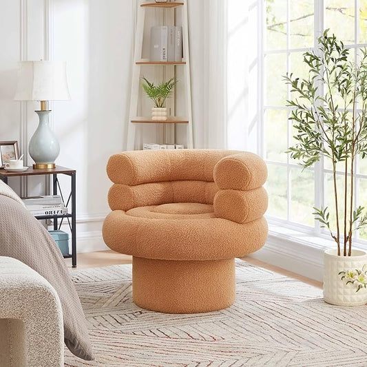 360° Swivel Accent Chair - Cozy Sherpa Fabric Ergonomic Barrel Design Stylish and Comfortable for Living Room Bedroom or Office (Camel-Sherpa)