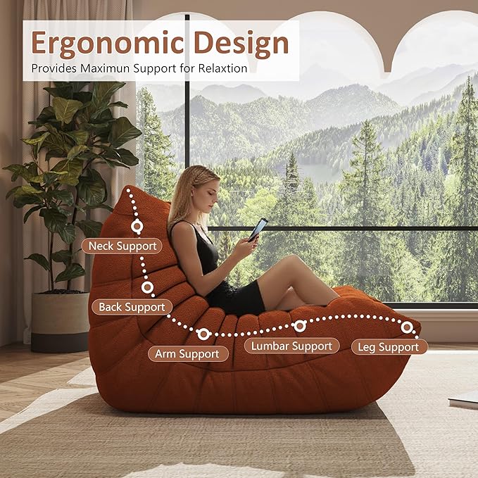 Bean Bag Chairs for Adults Floor Gaming Bean Bag Chair Memory Foam BeanBag Chair Bean Bag Sofa with Filler Faux Fur Fireside Beanbags Lazy Sofa for HomeApartment or Gaming Venue (Orange Single)