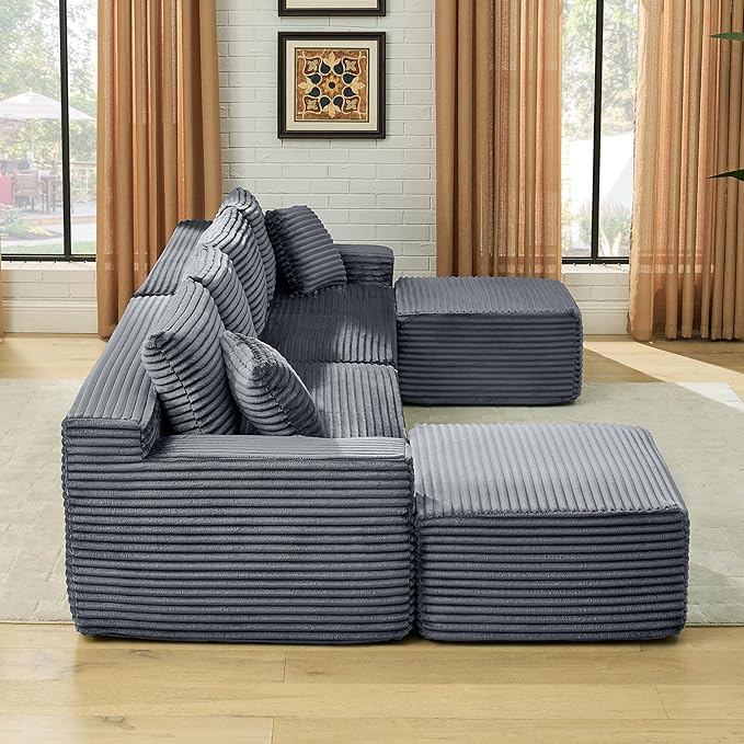 U-Shaped Cloud Sectional Couch Symmetrical Modular Compressed Boneless Sectional Sofa with Chaise Lounges Plush Corduroy Boneless Corner Sofa for Living Room