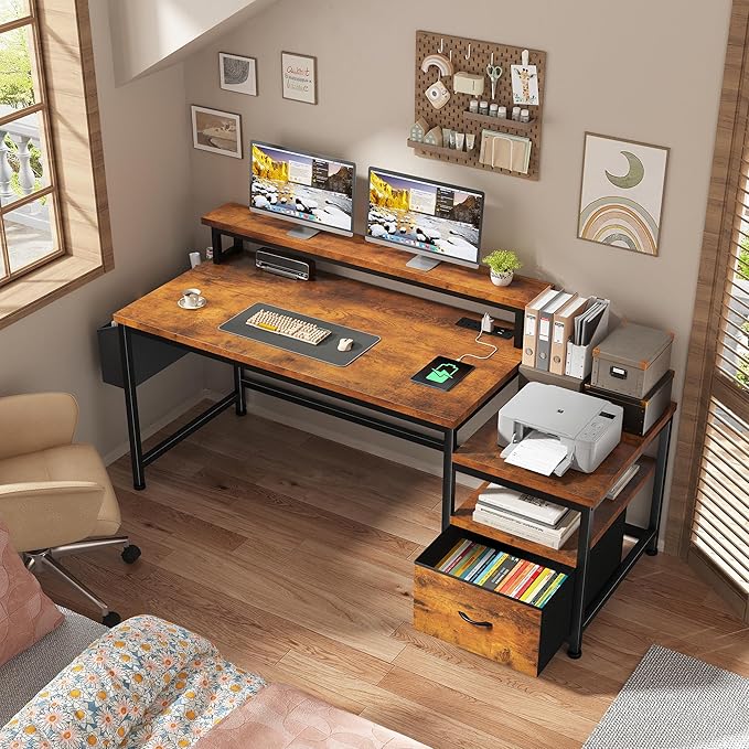 EnHomee 57 Office Desk with Drawers and Printer SpaceComputer Desk with Power OutletsHome Office Desks with File Drawers CabinetStudy and Gaming Desk with Shelves Monitor StandRustic Brown