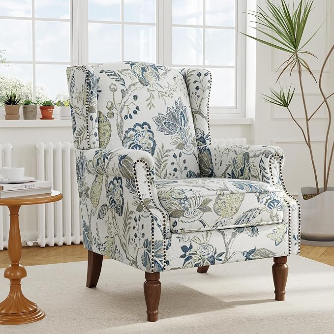 Floral High Back Accent Chair Upholstered Armchair with Solid Wood Legs Comfy Wingback Reading Single Sofa Chair for Small Spaces Living Room Bedroom(Floral Plants Blue Set of 2)