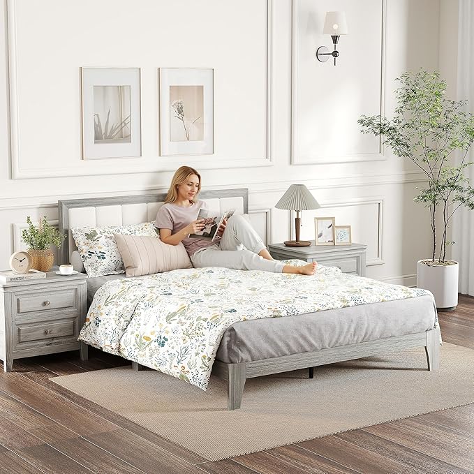 HOMCOM Queen Size Bed Frame with Upholstered Headboard Platform Bed Frame with Wooden Slats No Box Spring Needed Easy Assembly Gray