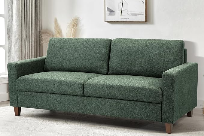 Miles Mid Century Modern Couch for Small Spaces Living Rooms Apartments and Condos 3 Seater Sofa with Reversible Back Pillows 77 Wide Green