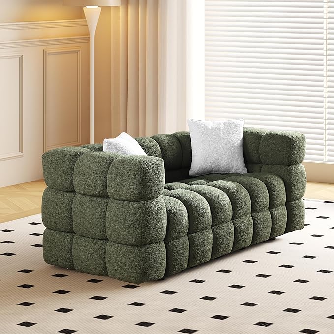Modern Boucle Loveseat Couch for Living Room 61'' Sherpa Upholstered Sofa Couch Comfy Cloud Deep Seat Sofa Luxury Minimalist Plush Fluffy Couch for Small Apartment Office 2 Pillows Green