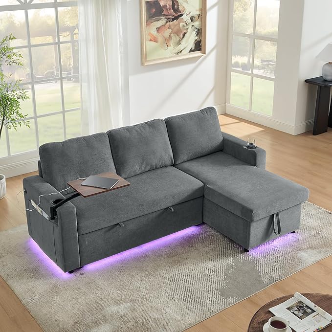 KEIKI 85 L-Shaped Chenille Sectional Sofa with Pull-Out Bed Storage Chaise Lounge Retractable Table USB Cup Holders Convertible 3-Seater Sleeper Couch Bed Easy Assembly for Living Room Grey