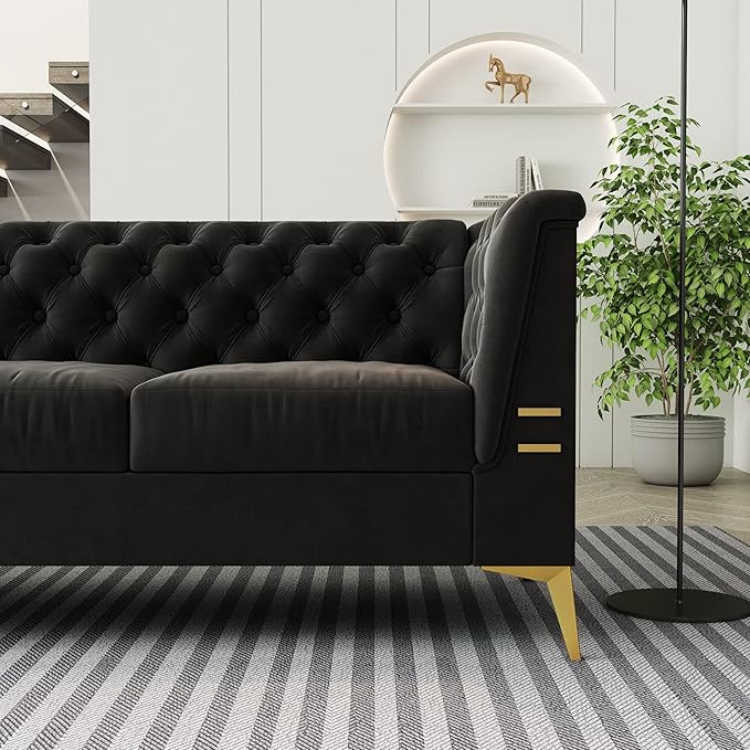 Tomkate 82 Black Velvet Chesterfield Sofa Mid-Century Modern Tufted 3-Seater Couch with Flared Arms Removable Cushions &amp Gold Metal Legs for Living Room (Black)