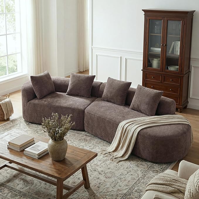 Merax 2-Piece 116 L-Shaped Modular Sectional Sofa Set 4 Seat Fully Assembled Curved Upholstery Couch with High-Density Compressed Sponge Chaise Lounge &amp 4 Pillows for Living Room Brown