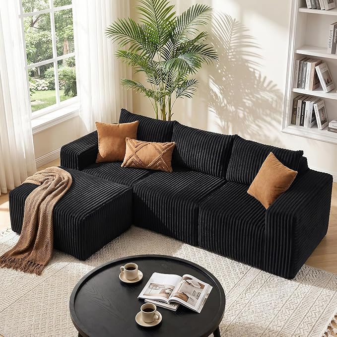 101 Boneless Cloud Modular Sectional Sofa L-Shaped Memory Foam Couch with Reversible Chaise Corduroy Upholstered Sofa in a Box No Assembly Required for Living Room &amp Apartment (Black 101in)