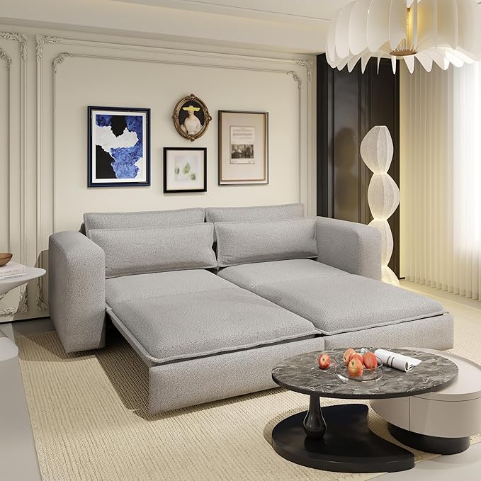 93 King Size Sofa Bed Couch with 2 Lumbar PillowsUpholstered Teddy Fabric3 in 1 Convertible Pull Out Sleeper Sofa for Living RoomApartmentOfficeStudies-Light Gray