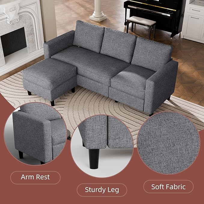 JAMFLY Sectional Sofa Couch Convertible L Shaped Sofas with Ottoman Small Sectional Couches for Living Room 3 Seater Couch for Small Spaces Dark Grey