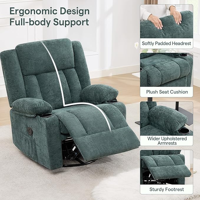 Swivel Rocker Recliner for Adults Manual Lazy Boy Recliner Chair with Cup Holders 360 Degree Rotating Nursery Rocking Chair Glider Recliner for Living Room (Green)