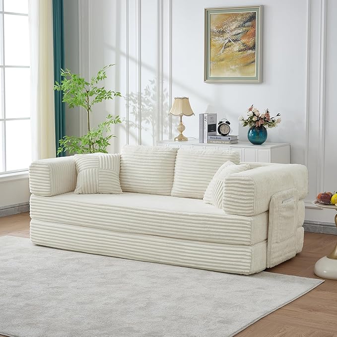 Upgraded King Size Foldable Sleeper Sofa Bed Folding No-Assembly Floor Couch Futon with 4 Pillows Wide Armrests &amp Storage Pockets Corduroy Convertible Sofa for Living Room Apartments Beige