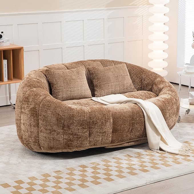Bean Bag Sofa Comfy Loveseat Sofa with 2 Pillows Soft Giant Bean Bag Chair Cozy Round Lazy Sofa with Wide Backrest for Living Room Reading Room and Bedroom Coffee