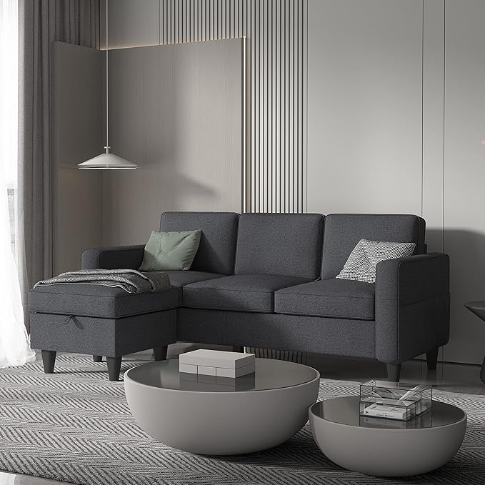 Dark Grey Convertible Sectional Sofa CouchModern Linen Fabric Upholstered L-Shaped Sofa Couch with Armrest Pockets3-Seat Sofa with Reversible Storage Ottoman for Living Room Small Space Apartment