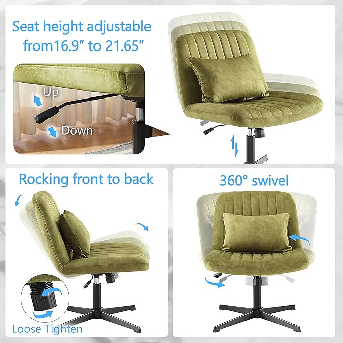 Art Leon Criss Cross Chair - with Ottoman and Pillow Armless Office Desk Chair No Wheels Modern Swivel Height Adjustable Mid Back Wide Seat Computer Task Vanity Chair for Home Office Green