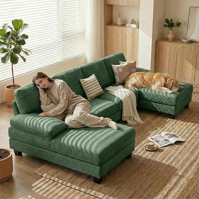 Homall Modular Sectional U Shaped Sofa Couches for Living Room Comfy Chenille 4 Seat Sofa Set with Removable Pillows Lounge Chaise Upholstered Couch for Apartment (Chenille Green)