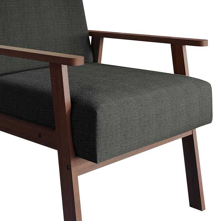 Mid-Century Modern Accent Chair Linen Upholstery Wooden Armrests Cushioned Seat Easy Assembly Charcoal Grey