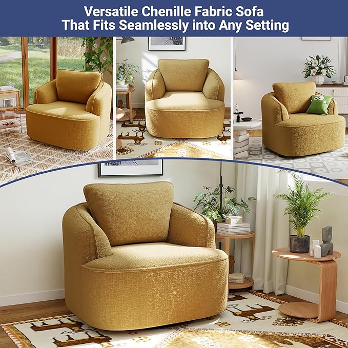 36 Swivel Barrel Chair 360° Rotating Accent Chair with Plush Chenille Upholstery Ergonomic Back &amp Boneless Comfort for Living Room Bedroom Office No-Assembly Gold