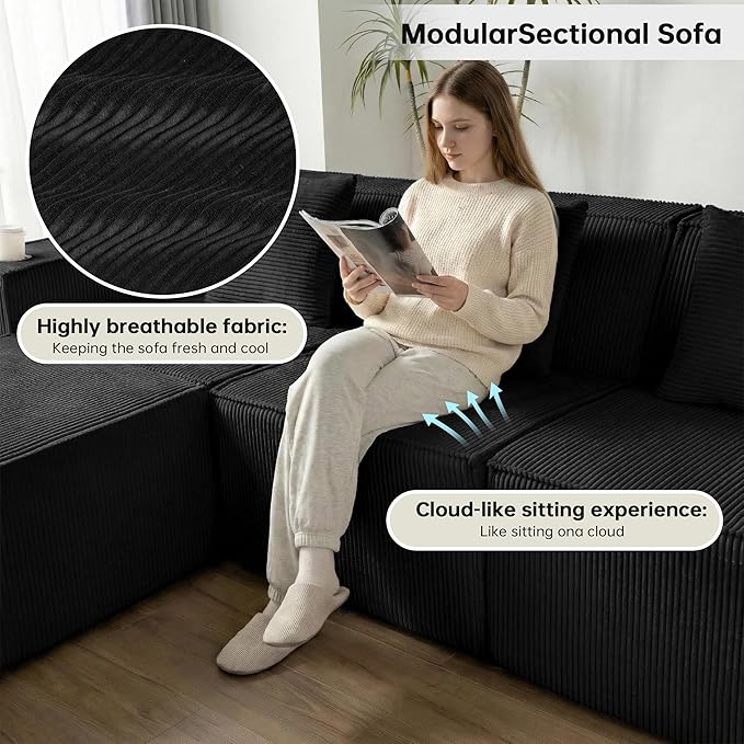 Cloud Modular Sectional CouchBoneless Corduroy Sofa for Living RoomU Shaped Sofa with OttomanDeep SeatNo Assembly Required (Black U Shaped 3 Seater + 2 Ottoman)