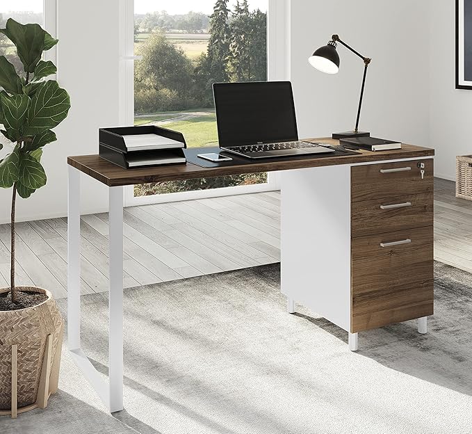 Modern Design Milano Office Desk with 3 Locking Drawers 48 Inch White and Walnut Industrial Wood Desk with Filing Drawer and Storage by Crafts and Comfort