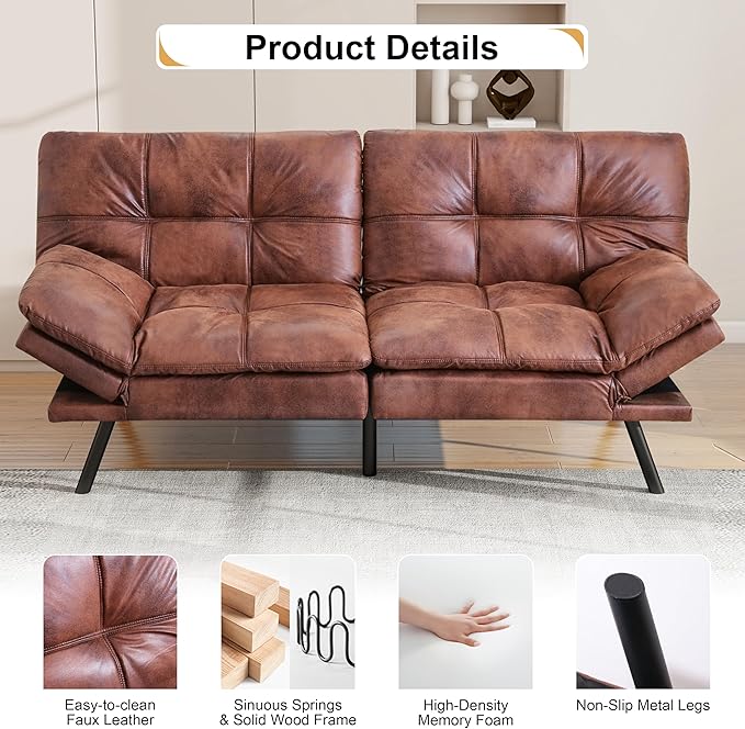 71 Futon Sofa Bed Memory Foam Convertible Faux Leather Futon Couch Beds with Adjustable Armrest Backrest Multi-Functional Folding Sleeper Sofa Bed for Living Room Apartment Brown