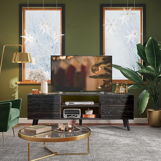 WLIVE Mid-Century Modern TV Stand for 55/60 Inch TV Entertainment Center with Storage &amp Adjustable Shelves Media Console with Soft-Close Cabinets for Living Room/Bedroom Greige White