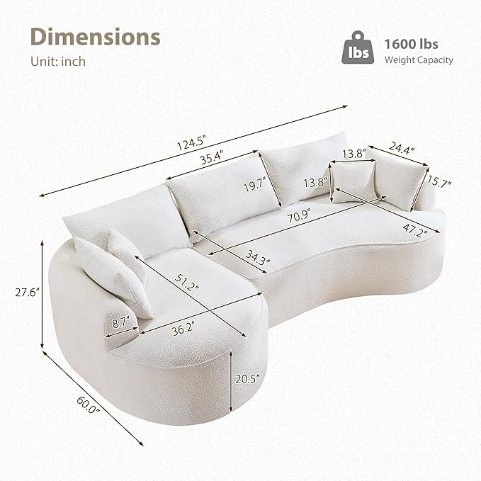 Modern 124.5 Compressed Boneless White Chenille Fabric Arc Sectional Sofa with 7 Pillows - No Assembly Curved Living Room Couch for Contemporary Spaces