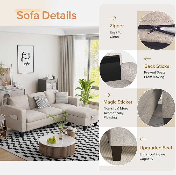 ZeeFu Convertible Sectional Sofa Couch 3 Seat L-Shaped Sofa with Movable Ottoman Modern Mocha Brown Velvet Linen Upholstered Small Sectional Sofa Couch for Small Space Apartment Living Room Office