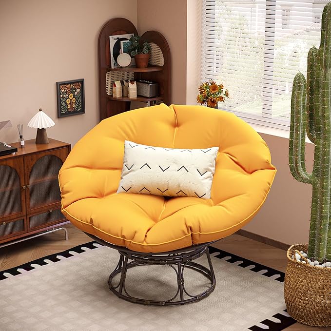 46'' Large Size Papasan Chair (Non-Swivel) with Cushion and Frame Overstuffed Thickened Lazy Chair Mustard Yellow