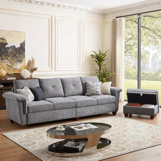 108 Sectional Sofa Convertible L Shaped Sofa with Ottoman and Large Storage 4 Seat Sectional Couch with Cup Holder Couches for Living Room Apartment Office (Light Grey)
