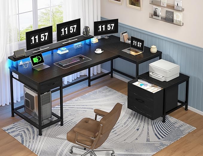 95.6'' Office Desk with LED Lights &amp Power Outlets L Shaped Gaming Desk with Drawers Two Person Computer Desks with Monitor Stand for Home Office Study Room and Bedroom Black