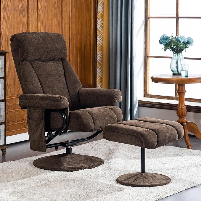 MCombo Swivel Recliner with Ottoman TV Chair with Vibration Massage Ideal for RV Small Space Living Room &amp Bedroom 4828 (Textile Dark Brown)