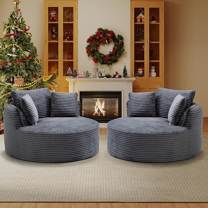 53W Oversized Round Chair Lounge Chaise Indoor Corduroy Comfy Circle Reading Armchair Upholstered Modern Cloud Boneless Chairs Cozy Floor Sofa Chair for Living Room Bedroom Apartment(Grey)