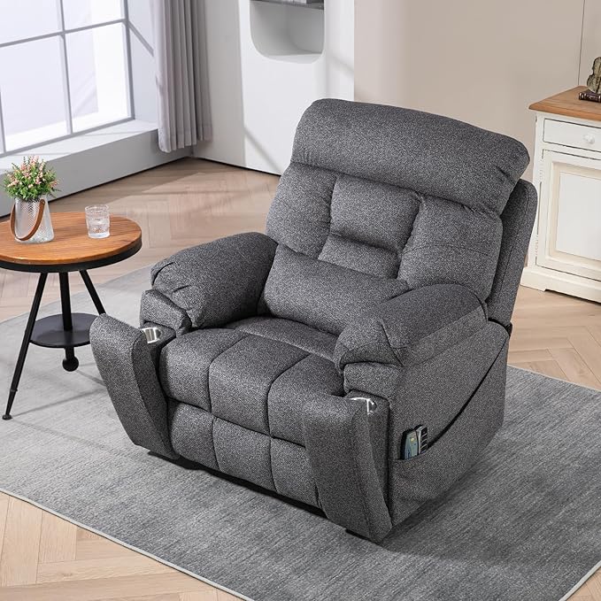 4-Motor Lay Flat Power Lift Recliner Chair with Heat &amp Massage - Power Adjustable Headrest Backrest Lumbar &amp Legrest - Big Tall Recliners 4-Point Massage (Seat Heating)