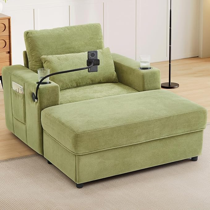 42.5 Oversized Armchair with Ottoman Storage Overstuffed Chair and a Half with Cup Holders &amp USB Port Chenille Accent Chairs for Bedroom Living Room Reading Phone Holder Side Pocket (Green)