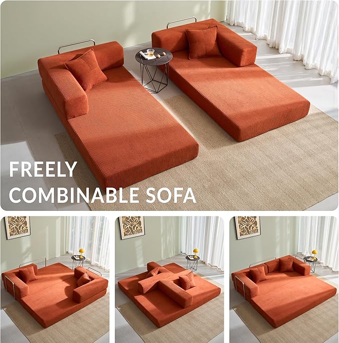 Compression Sofa - 62''Convertible Floor Sofa Bed - with Pillow Back Support Armrest - Comfy Foldable Sofa Bed Compressed Sofa in Box - Corduroy Fabric - for Living Room Bedroom - Orange