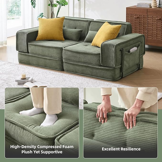 Modular Sofa Bed No Assembly Required Sectional Couch for Living Room Compressed Cloud Couch with Corduroy Fabric &amp Lumbar Pillows Small Space Furniture Green