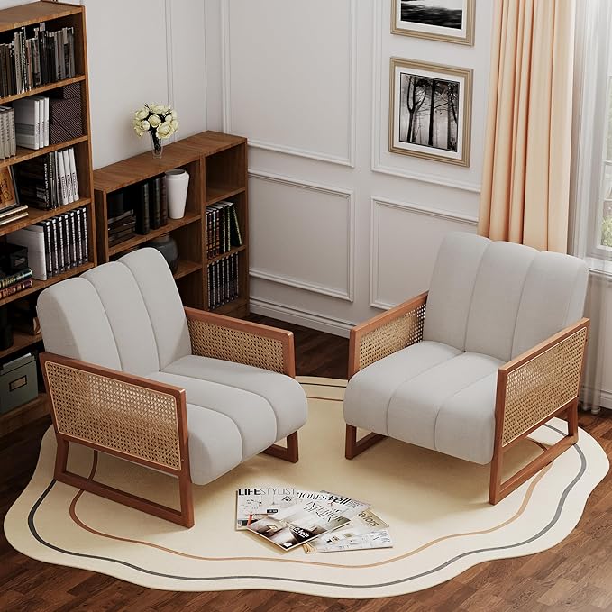 WENTMENT Mid Century Modern Accent Rattan Chair Set of 2 Natural Rattan Armchair with Solid Wood Frame Upholstered Living Room Chair Lounge Chair for Reception Room/Hosting Room/Bedroom (Grey)
