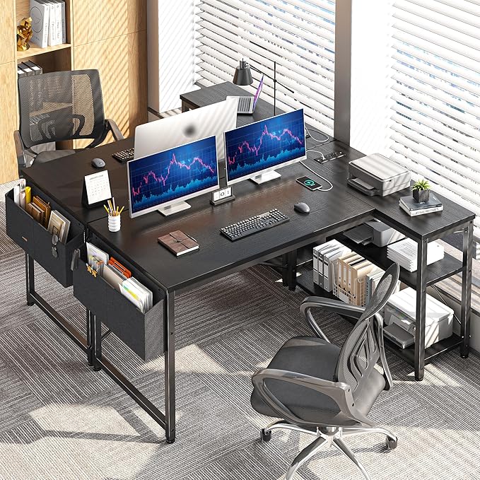 EnHomee 48 L Shaped Desk Office Desk with Power OutletsComputer Desk with Reversible Storage Shelves &amp Side BagSmall Gaming Desk for Gaming Working Small Space Home Office BedroomBlack