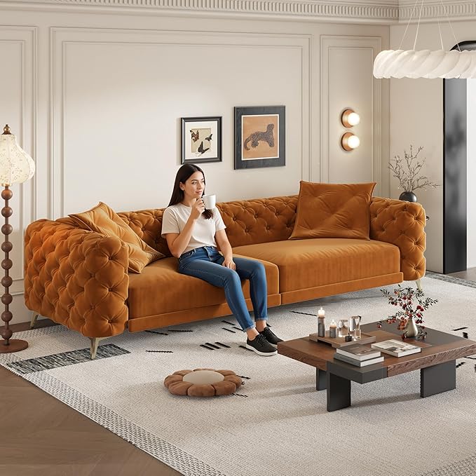 Ball &amp Cast 3-in-1 Convertible Sleeper Sofa with Movable Ottoman97.7 Velvet Pull Out Sofa Bed Modern Button Tufted 4-Seater Sofa Couch with Deep Seat for Living Room ApartmentOfficeOrange