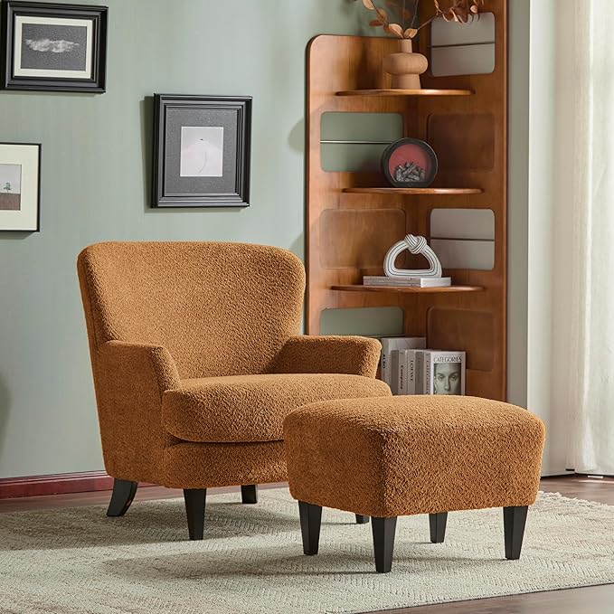Christopher Knight Home Winnie Boucle Upholstered Wingback Accent Chair and Ottoman Footrest Living Room Lounge Chair and Ottoman Set Bedroom Comfy Reading Chair with Footrest Stool Caramel Orange