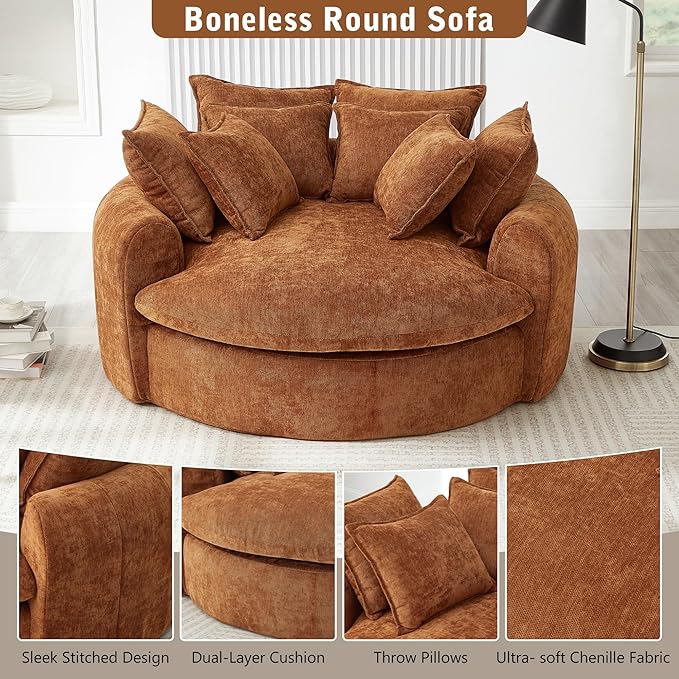 Merax 59.8 Full-Compressed Round Chaise Sofa Boneless Loaf Style Chenille Upholstered Sofa Bed with 8 Throw Pillows for Living Room Orange