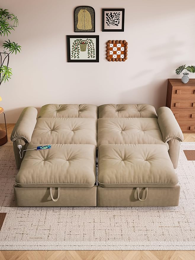 77 Queen Size Sofa Bed 2-in-1 Convertible Sleeper Sofa Bed with Adjustable Backrest Modern Velvet Couch with Side Pocket and USB Ports for Living Rooms Bedrooms Small Spaces (Brown 77.2inch)