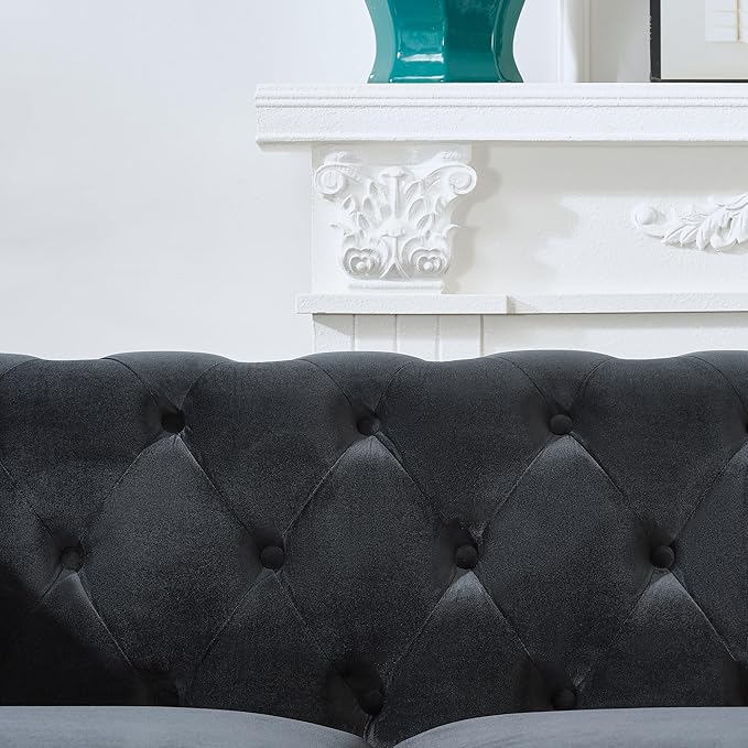 Loveseat Velvet Fabric Two- Seater Couch Buckle Design and Rivet Decoration Deep Seated Double Sofa Suitable for Living Room Bedroom Apartment Hotel etc (black-04)