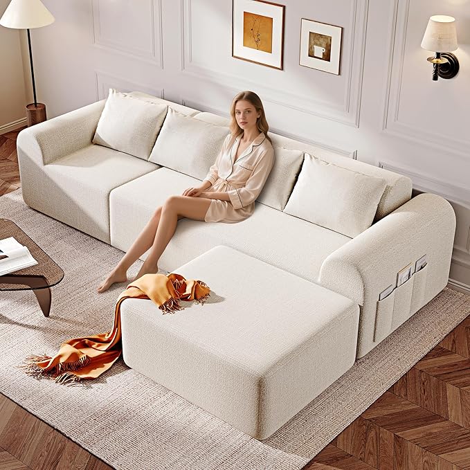 105.5” Cloud Boneless Sectional Sofa for Living Room L-Shaped 4-Seater Modular Couch with Ottoman &amp 4 Pillows Deep Seat Chenille Fabric Sofa No Assembly 72H Full Restore Beige