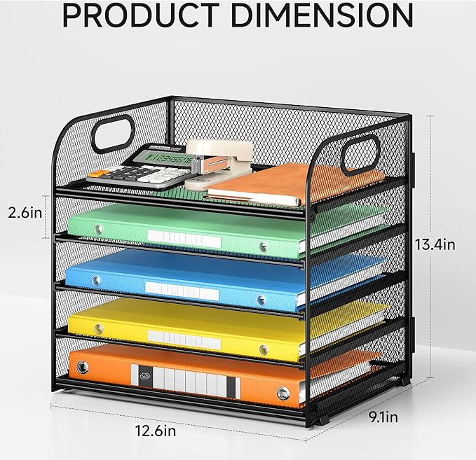 2 Pack 5-Tier Paper Organizer Letter Tray with Handle - Black Mesh Desk Paper Sorter File Organizer for Office Home or School File Folder Holder