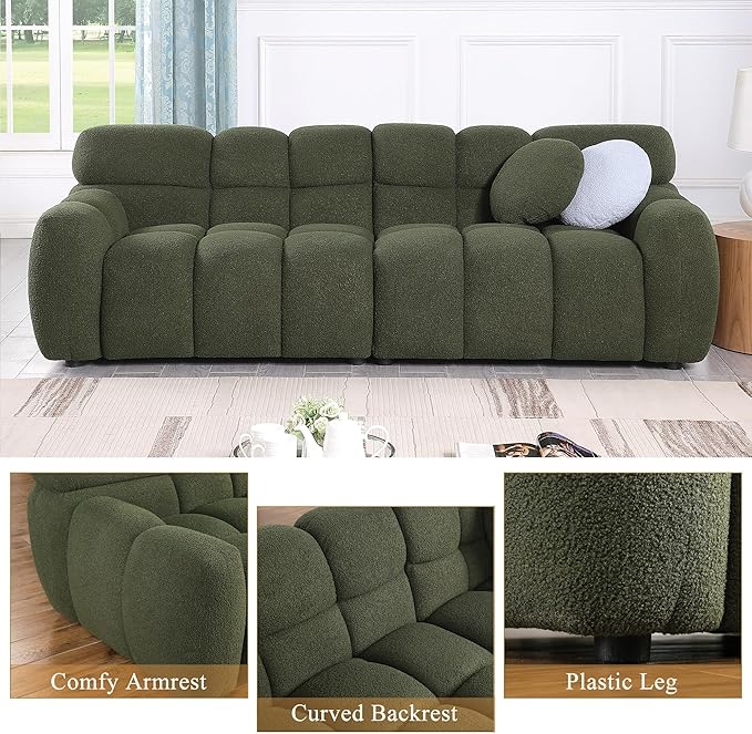 86.5 Green Boucle Cloud Sofa Couch Modern Tufted 3 Seater Sectional Sofa Set for Living Room Comfy Upholstered Couch Bed with 2 Accent Pillows for Bedroom Apartment Office